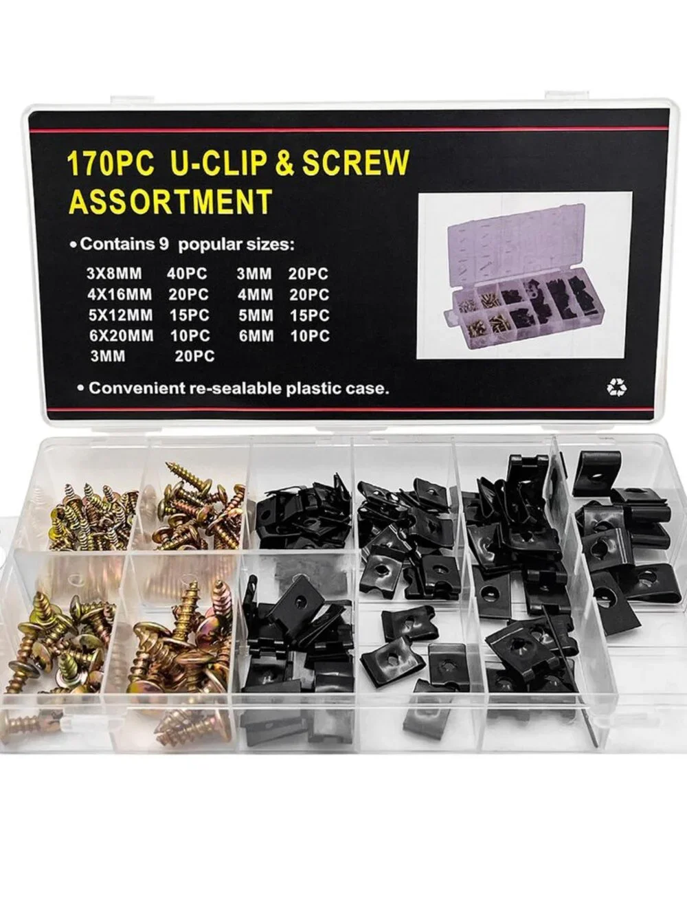 170 PCS Car U-Clip and Screw Assortment Kit, Auto U Nut and Screw Clip, 9 Sizes